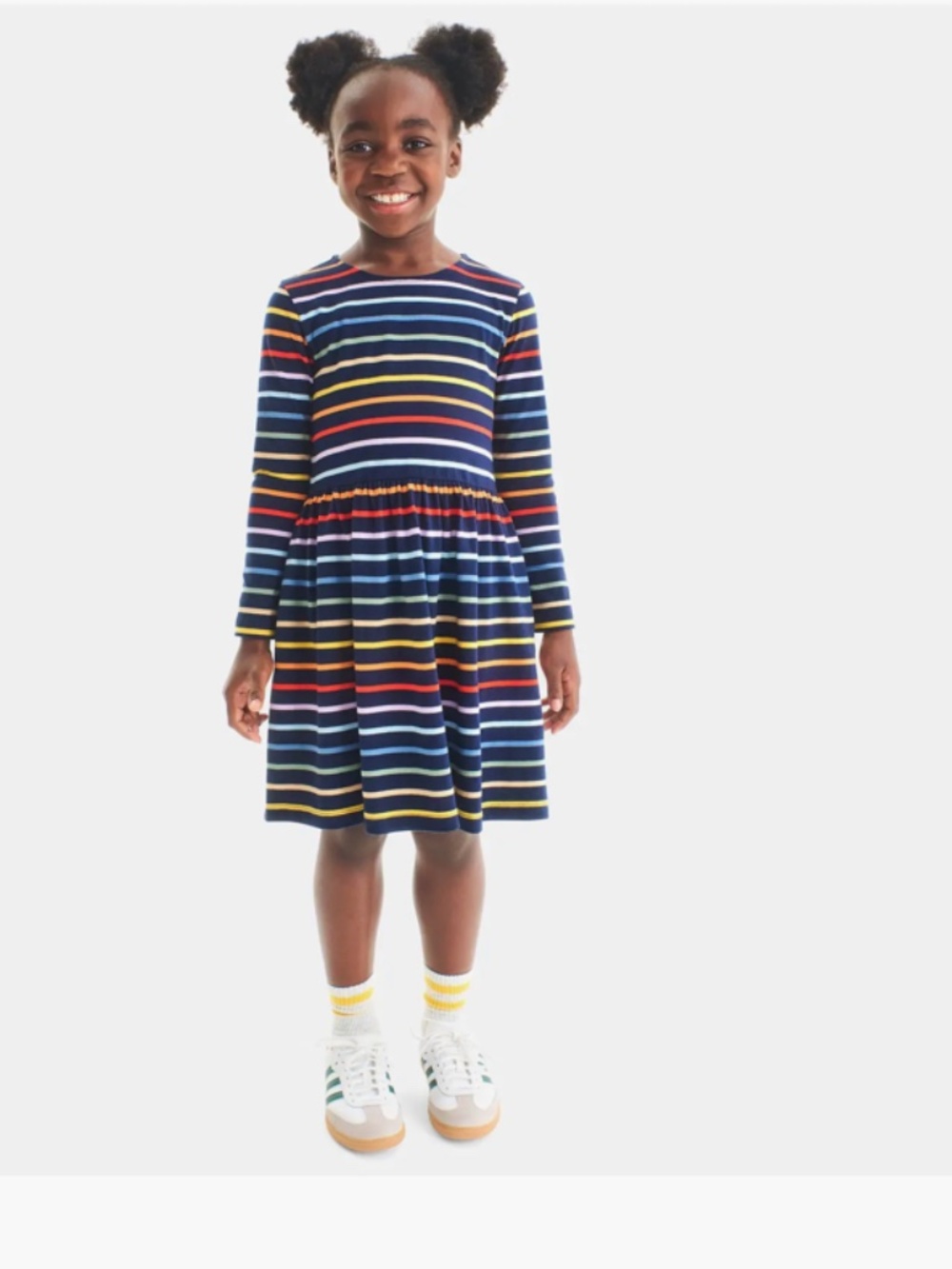 Primary Perfect Pocket Dress Long Sleeve Rainbow Stripe Navy Size 4 Cotton